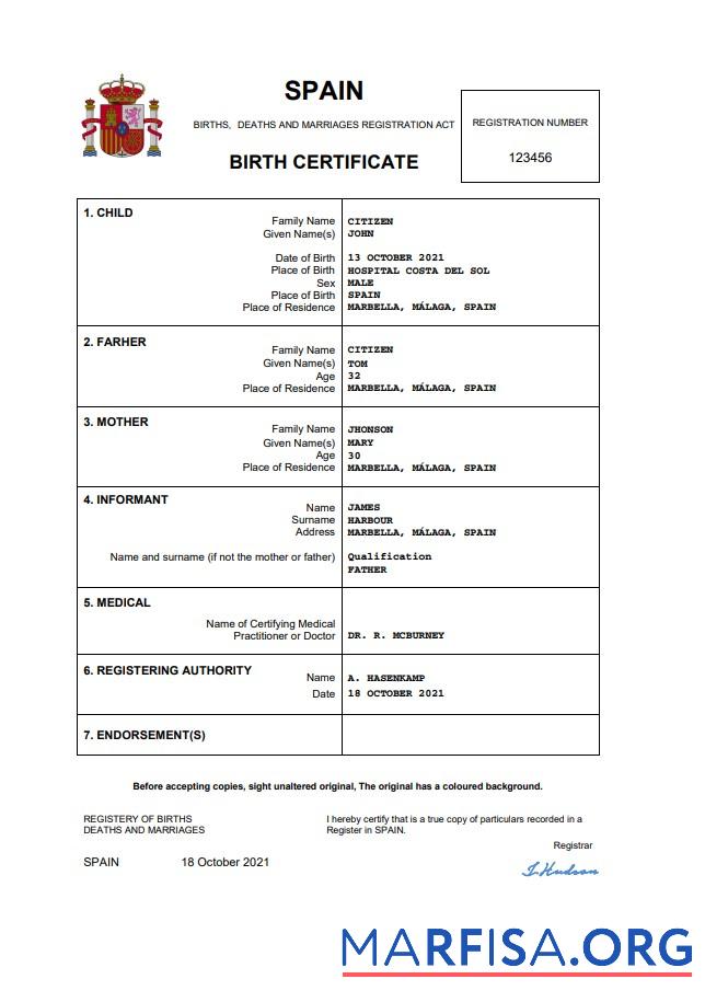 Realistic Spain birth certificate Word and PDF template